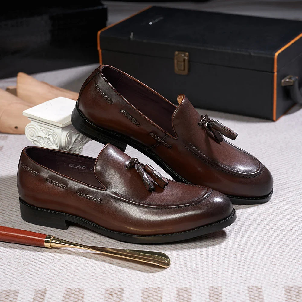 Classic Men's Genuine Leather Tassel Loafers Handmade Slip-On Casual Shoes Comfortable for Office Wedding Dressing Daily Wear