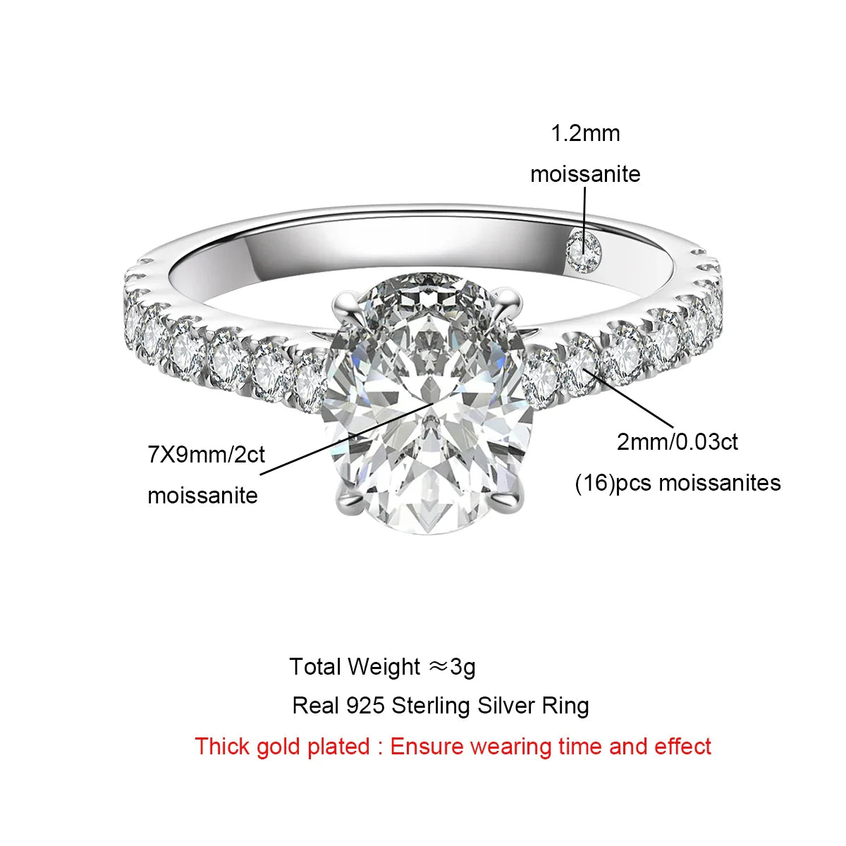 2 Carat Oval Cut D Color Moissanite Ring 18K Gold Plated 925 Sterling Silver Engagement Wedding Rings Wholesale