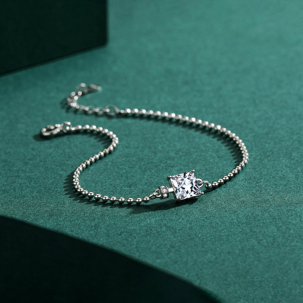 Classic Square Clear CZ Bracelets Solid 925 Sterling Silver Charm Beads Chain Bracelet For Women Wedding Fine Jewelry