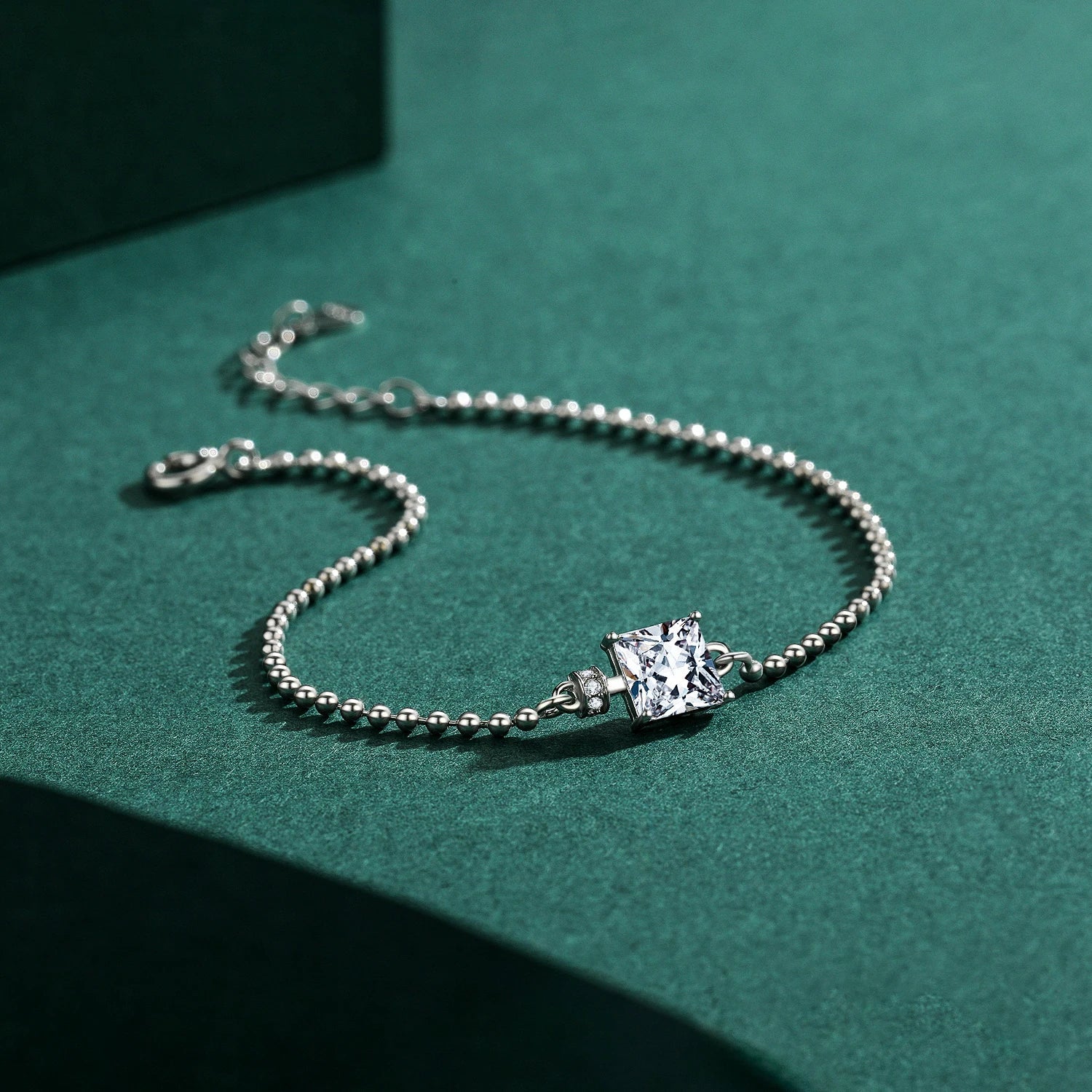 Classic Square Clear CZ Bracelets Solid 925 Sterling Silver Charm Beads Chain Bracelet For Women Wedding Fine Jewelry