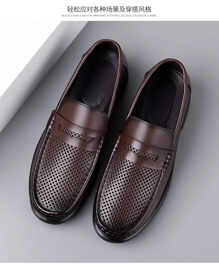 2026 Summer New Men's Breathable Leather Loafers Slip-On Hollow Out Casual Business Casual Shoes for Man Flat Driving Shoes Male