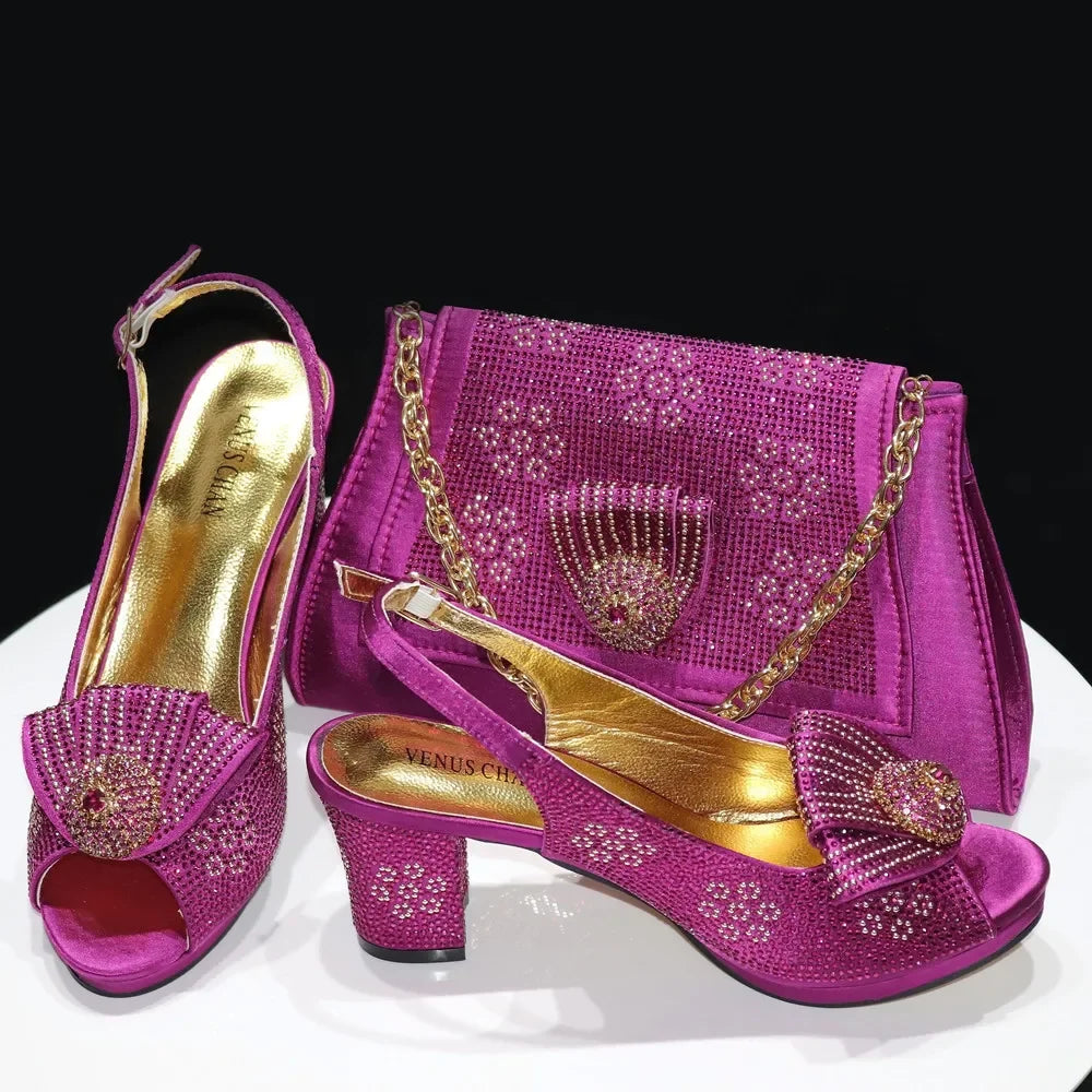 Ladies Thin Heels Shoes and Bag Set Decorated with Rhinestones For Women Party