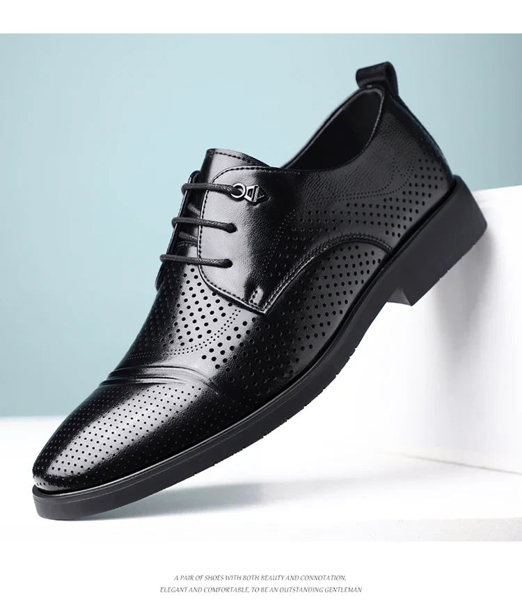 Men's Summer Breathable Leather Shoes Hollow out Fashionable Slip-On Comfortable Anti-Slip Soft Bottom Derby Shoes-SJ2501-1