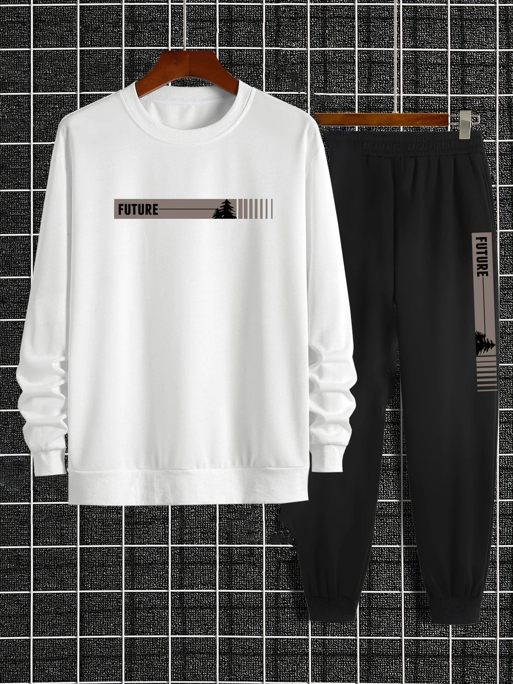 Men's Autumn and Winter Set With Future Print Casual Long Sleeve Pants Two-pieces Suit Comfortable Sportswear Suit Crew Neck