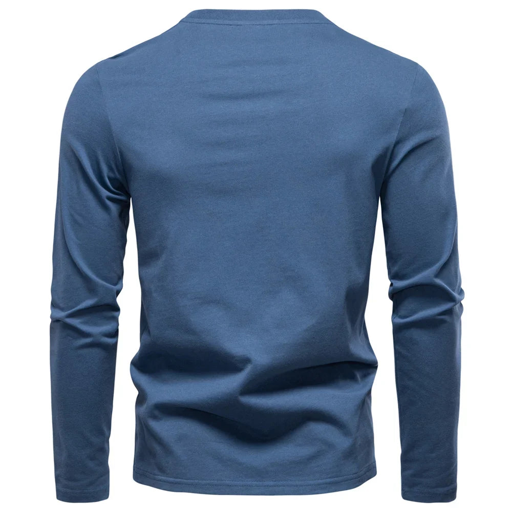 Men's 100% Cotton Henley T-Shirt Long Sleeve Solid Color with Fake Pocket Casual Comfortable Autumn Top