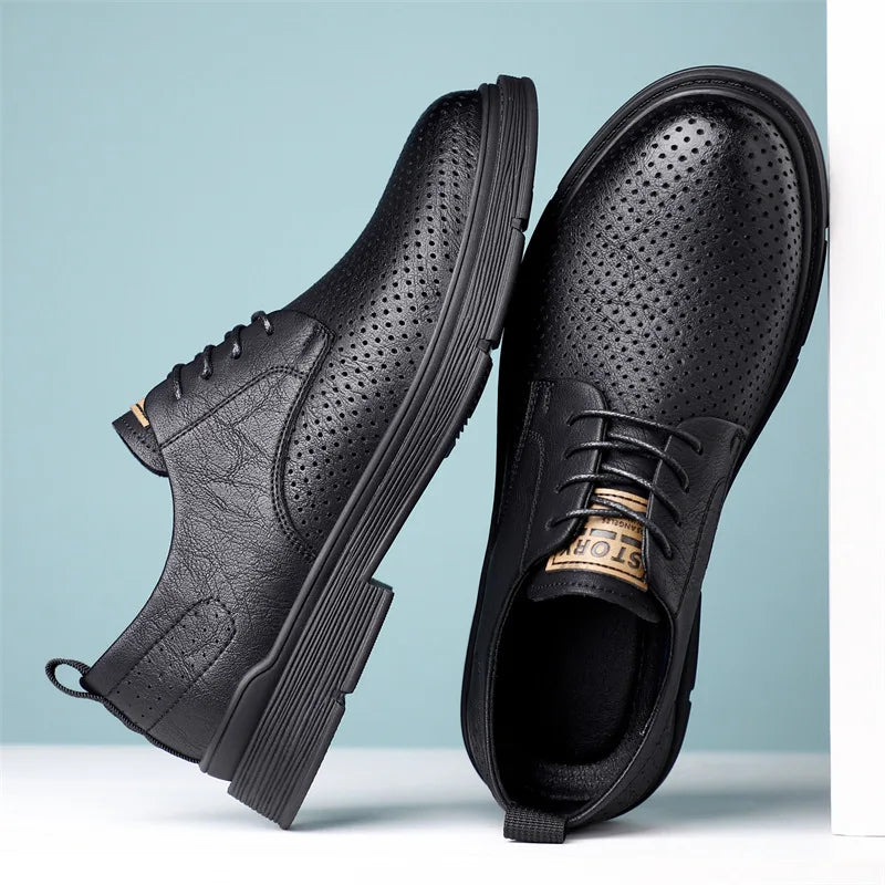 Summer Autumn New Low Top Cow Leather Shoes for Men Hallow Lace Designer Platform Shoes Male Fashion Business Casual Shoe Man