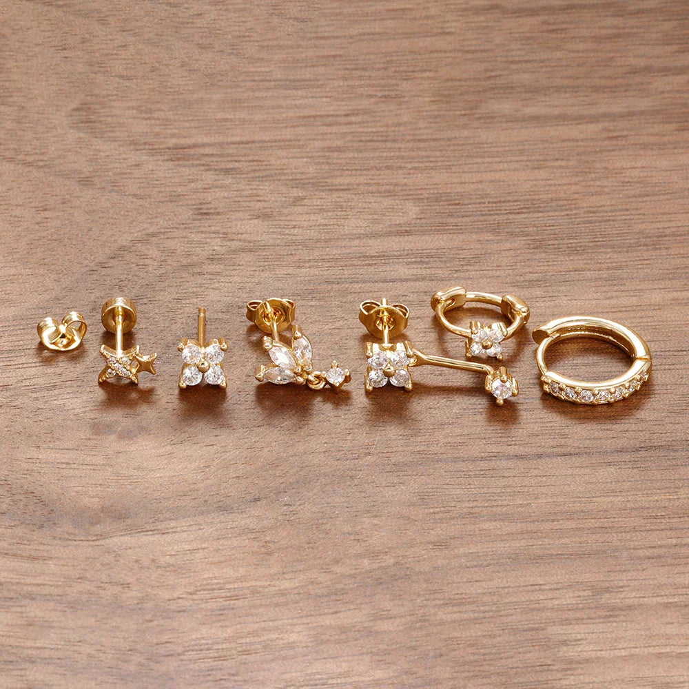 6PCS Fashion Cute Zircon Flower Ear Stud For Women Fashion 18K Gold Plated Star Ear Stud Earring Piercing Girl Set Jewelry Gift