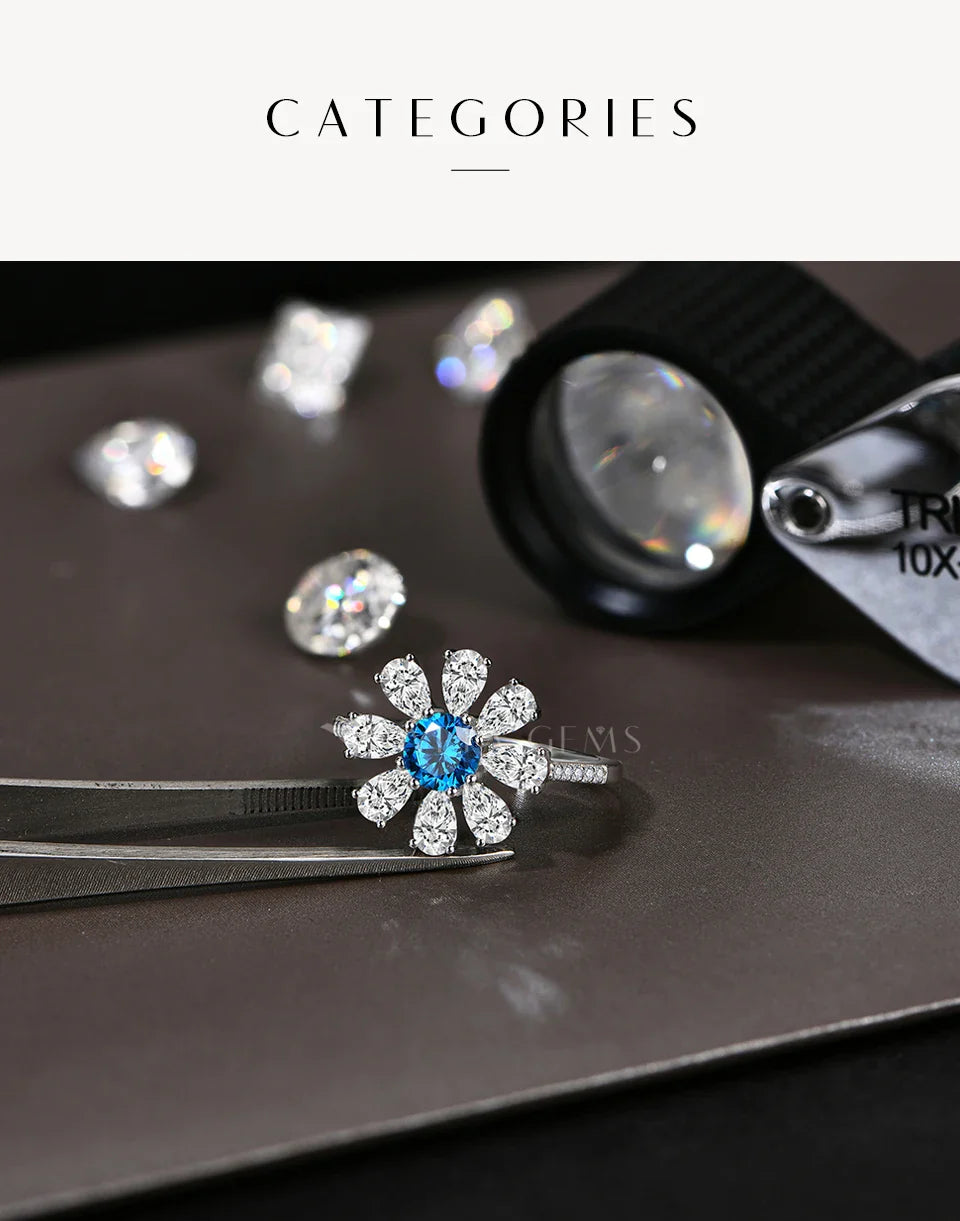 2024 D VVS1 Pear Cut Moissanite Rings Lab Blue Zircon for Women S925 Sterling Silver Flower Jewelry Birthday Party Gift