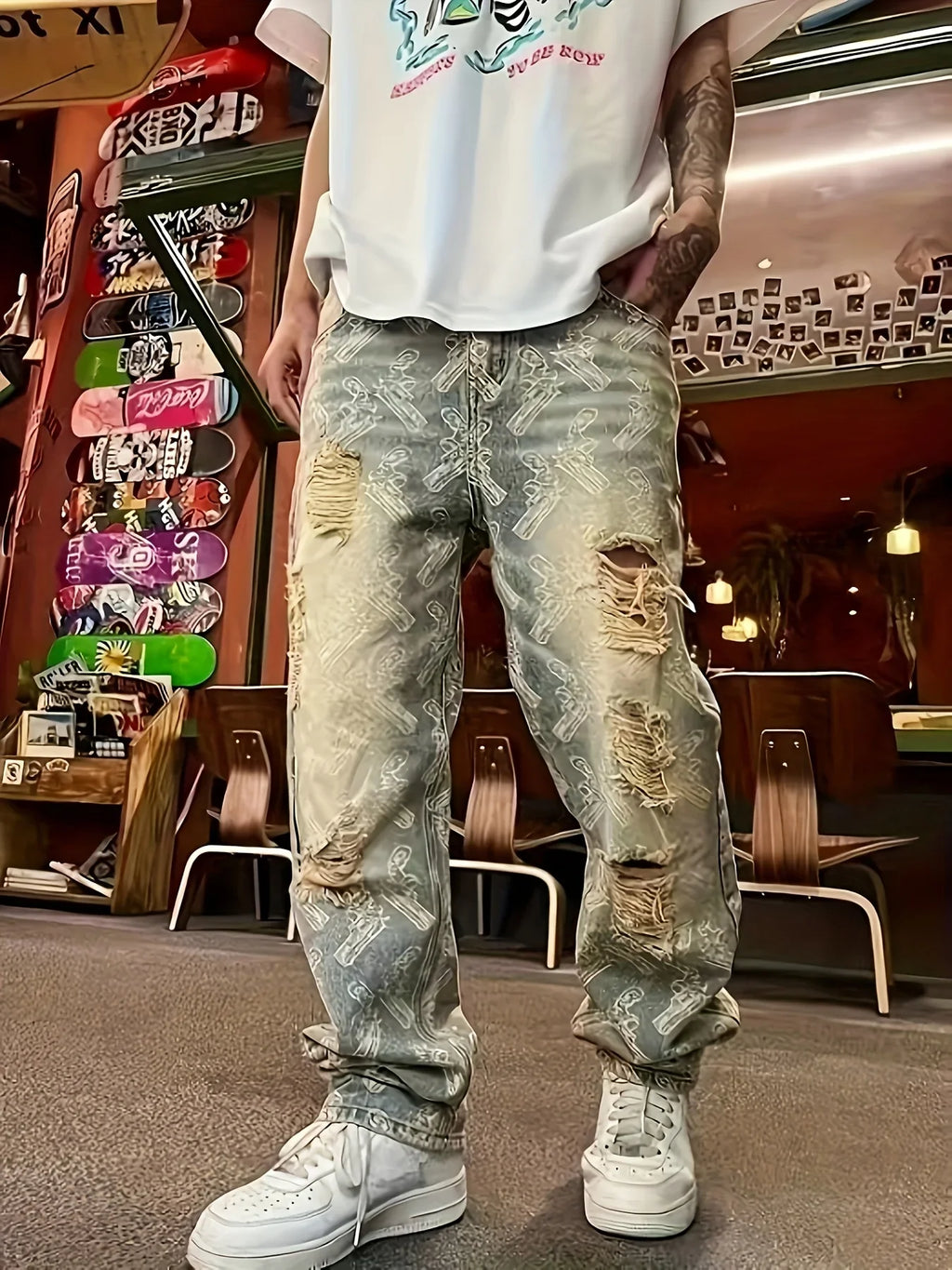 American-Style Street Washed Distressed Ripped Jeans for Men, Spring and Autumn Straight-Leg Loose European and American High Street Vibe Long Pants