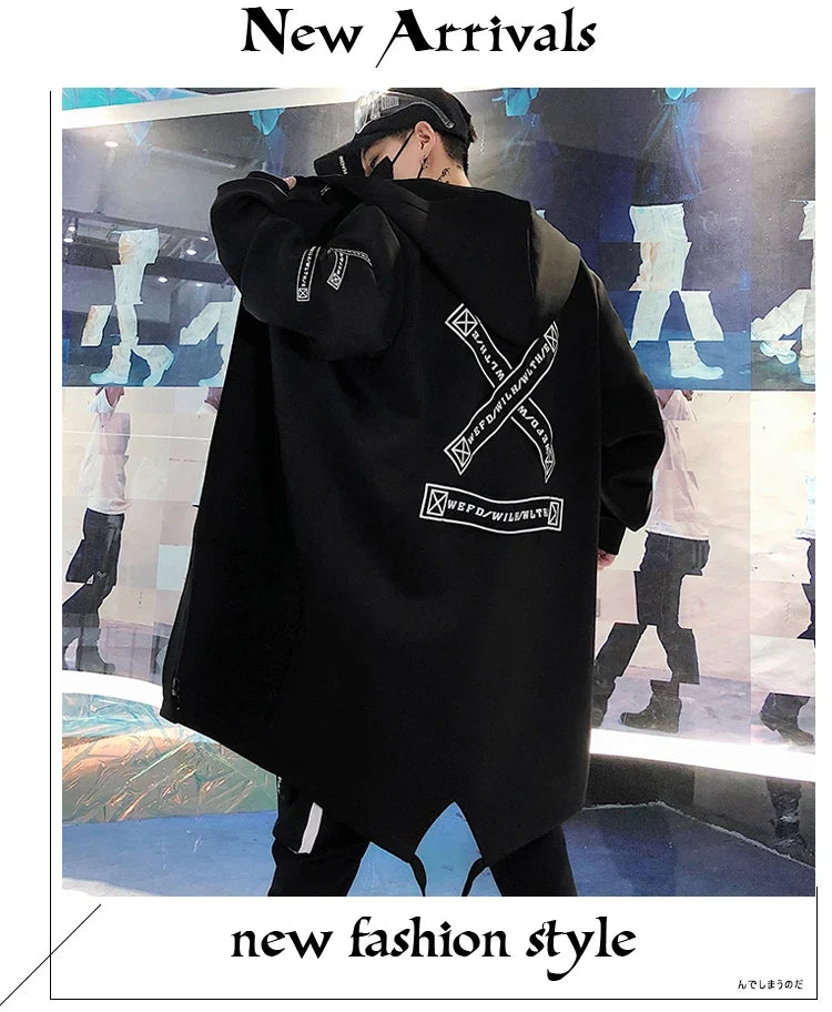 New Men Streetwear Black Jackets And Coats Hip Hop Harajuku Hooded Men's Windbreaker Overcoat Mens Clothing Outwear M-5XL