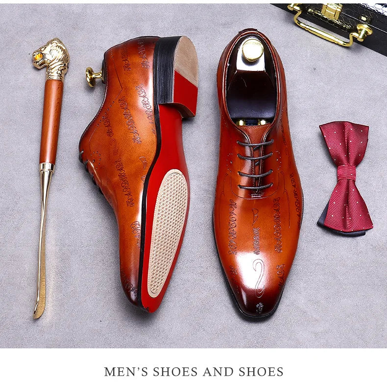 Men's Business Dress Leather Shoes Genuine Leather Shoes Full Cowhide British Laser Engraving Pattern Men's Wedding Shoes 37-46