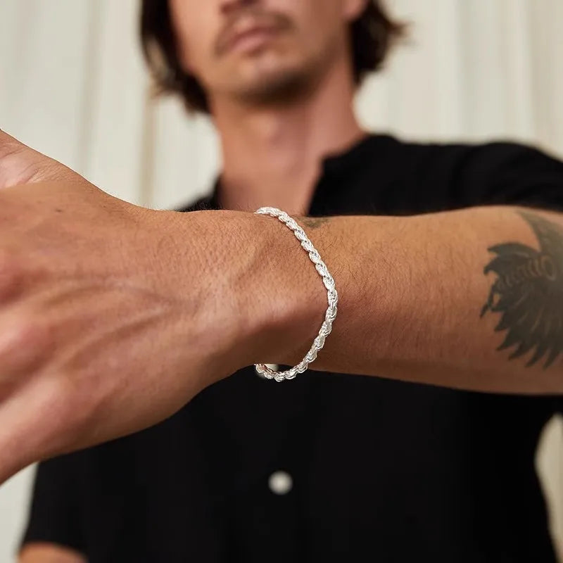 New Water Ripple Rock Hip-hop Bracelets for Men Twisted Chain 100% Real S925 Silver Fine Jewerly Party Wedding Gifts