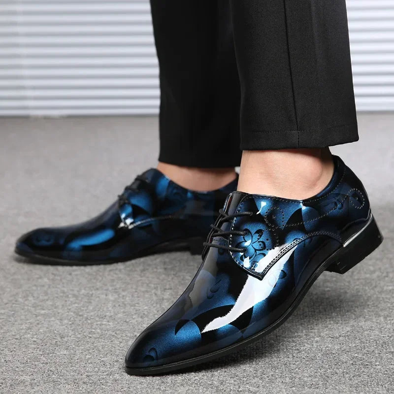 Men's Formal Leather Shoes with Floral Pattern – Business Dress, EU Size 40–48