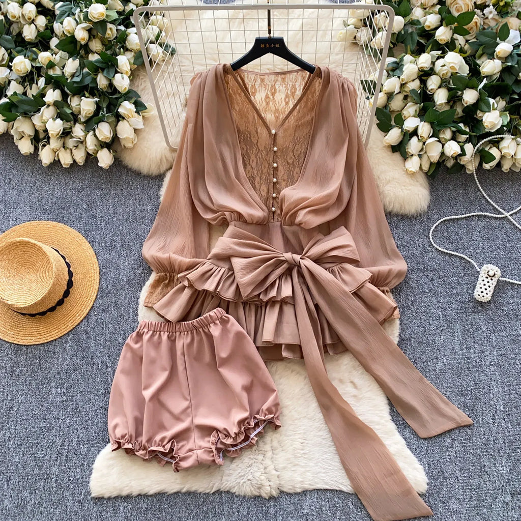 Fairycore Lace Chiffon Dresses With Stretch Shorts Pearl Button Bow Female Ruffles Sheer Seaside Holiday Mini Dress