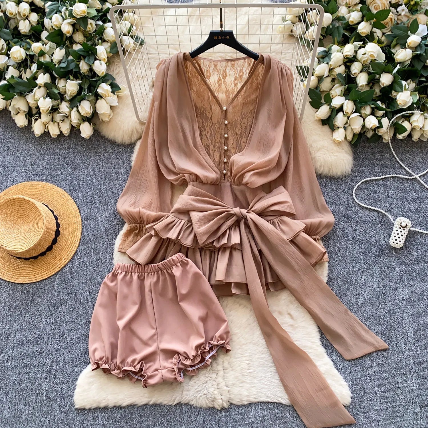 Fairycore Lace Chiffon Dresses With Stretch Shorts Pearl Button Bow Female Ruffles Sheer Seaside Holiday Mini Dress