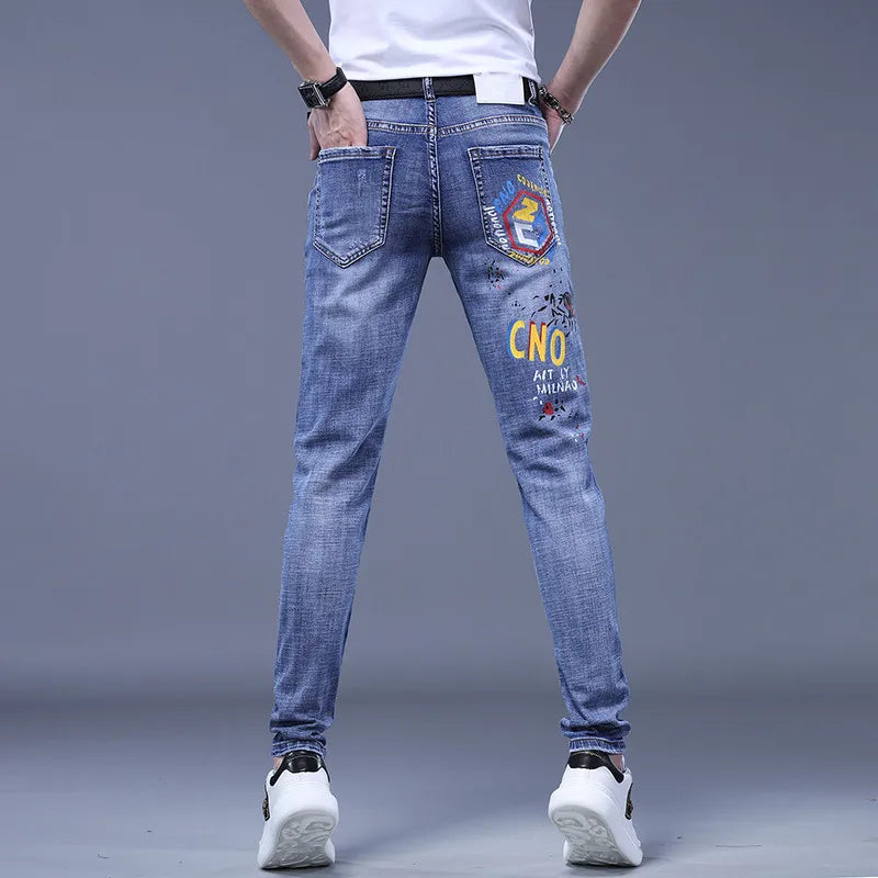 Printed Jeans Men's Korean Brand Embroidery Badge Cowboy Pencil Pants