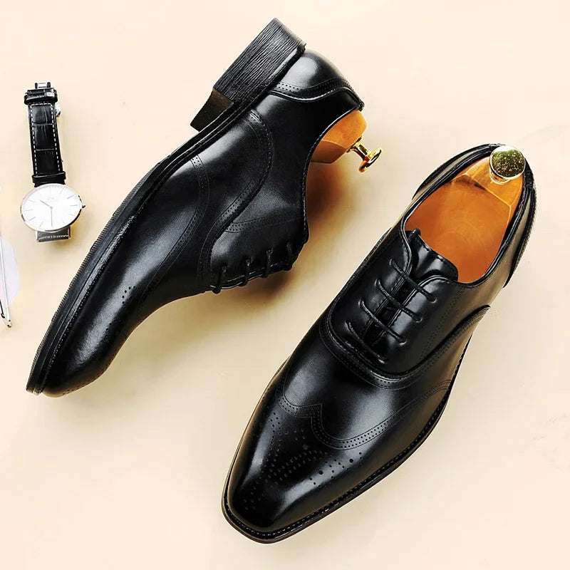 Luxury Brand Men's Glossy Leather Shoes Classic Brogue Shoes Lace Up Men's Office High-quality Business Shoes Big Size：38-48