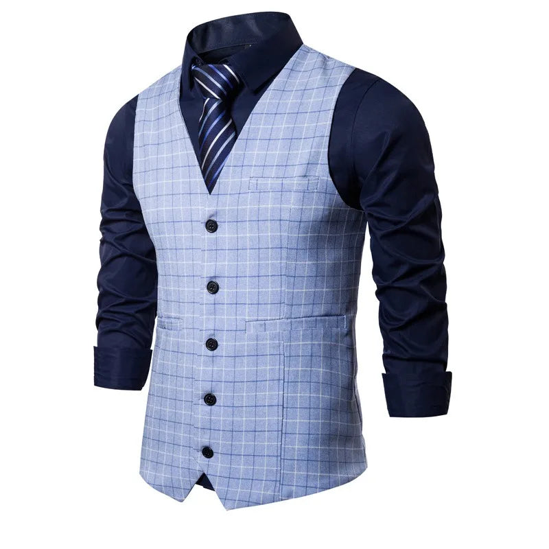 KIDWHXR 2026 Man Waistcoat Slim Plaid Business Casual Male Suit Vest V-neck Sleeveless Breathable Wedding Party Vest for Men