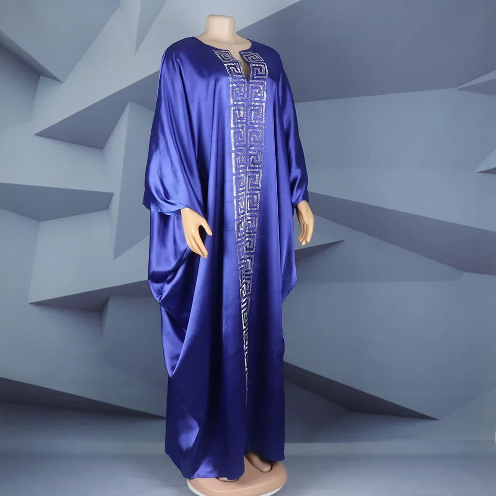 Fashion African Woman Large Size Bat Sleeve Dress Muslim Islamic Style Robe Imitation Silk Hot Fix Rhinestone