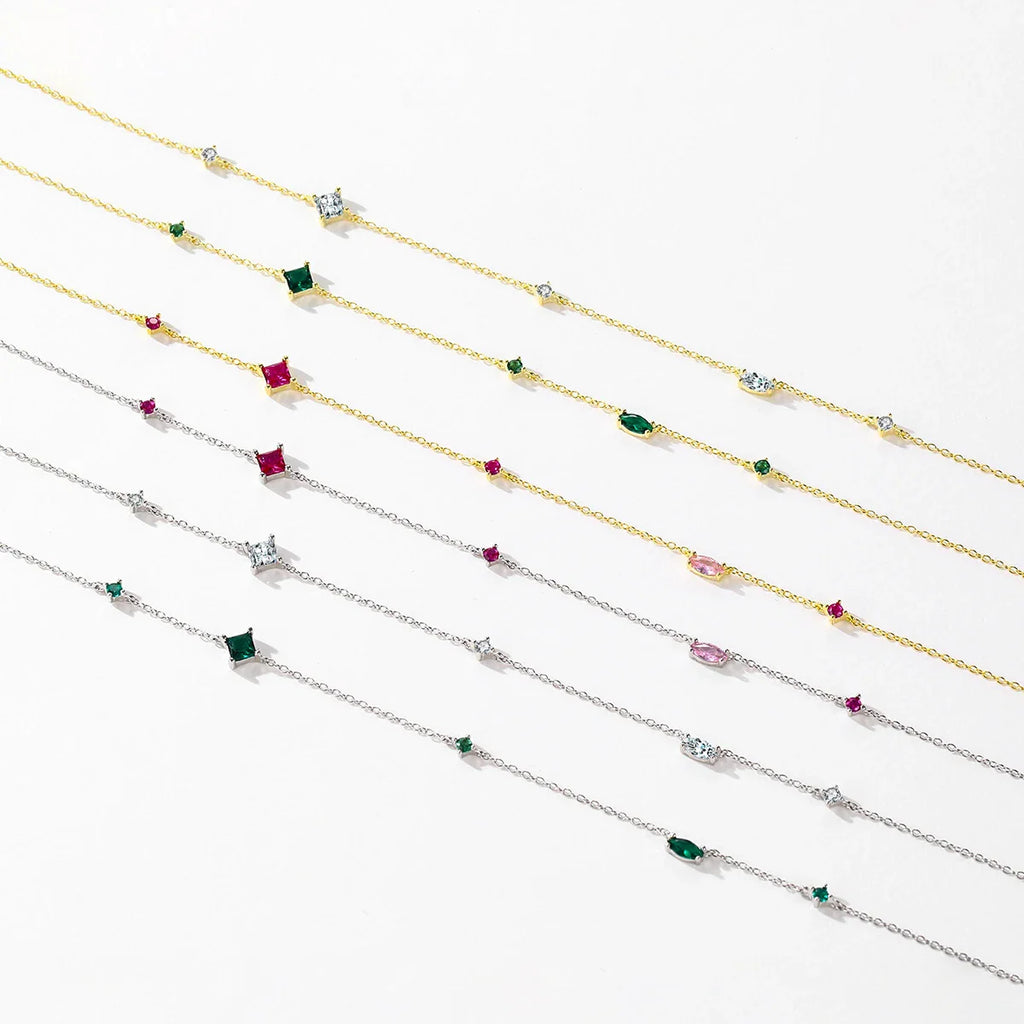 925 Sterling Silver Rainbow Colorful Zirconia Pendant Necklace Shiny Geometric Chain Neck For Women Party Jewelry Gift
