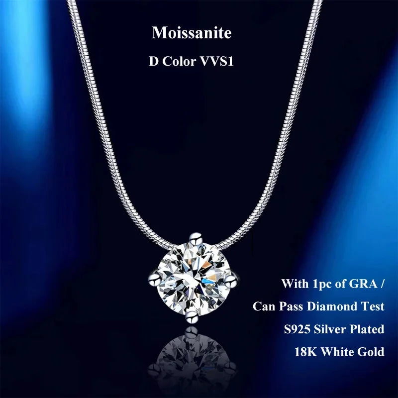 0.5-2CT D Color VVS1 Moissanite Pendant Necklace for Women S925 Silver 4 Claw Pass Diamond Test Neck Chain Christmas Gift