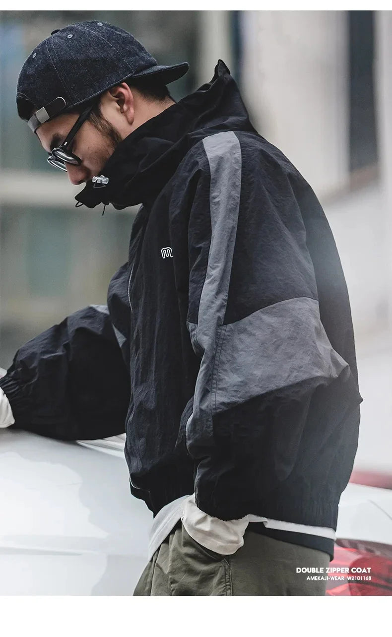Casual Detachable Double Zipper Patchwork Jackets Stand-up Collar Loose Fit Letter Jacket For Men's Spring and Fall Coat