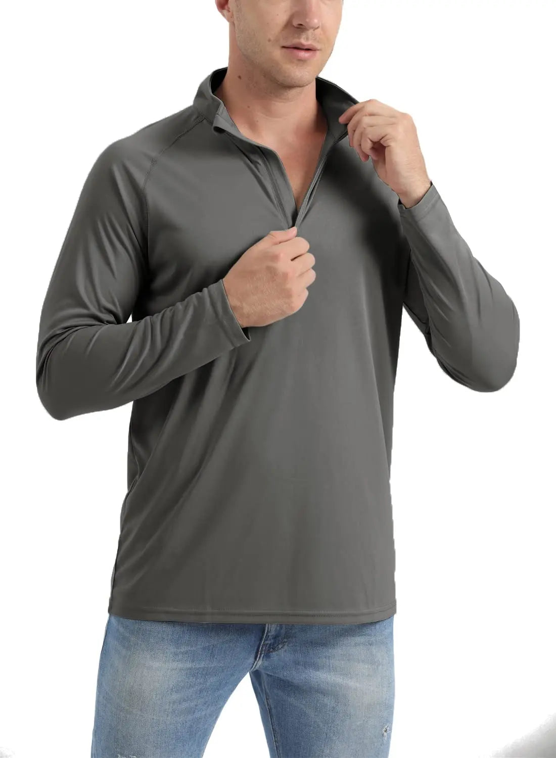 UPF 50+ Quick Dry T-Shirts Mens Long Sleeve UV Protection Shirt 1/4 Zip Running Tee Hiking Fishing Lightweight T Tops