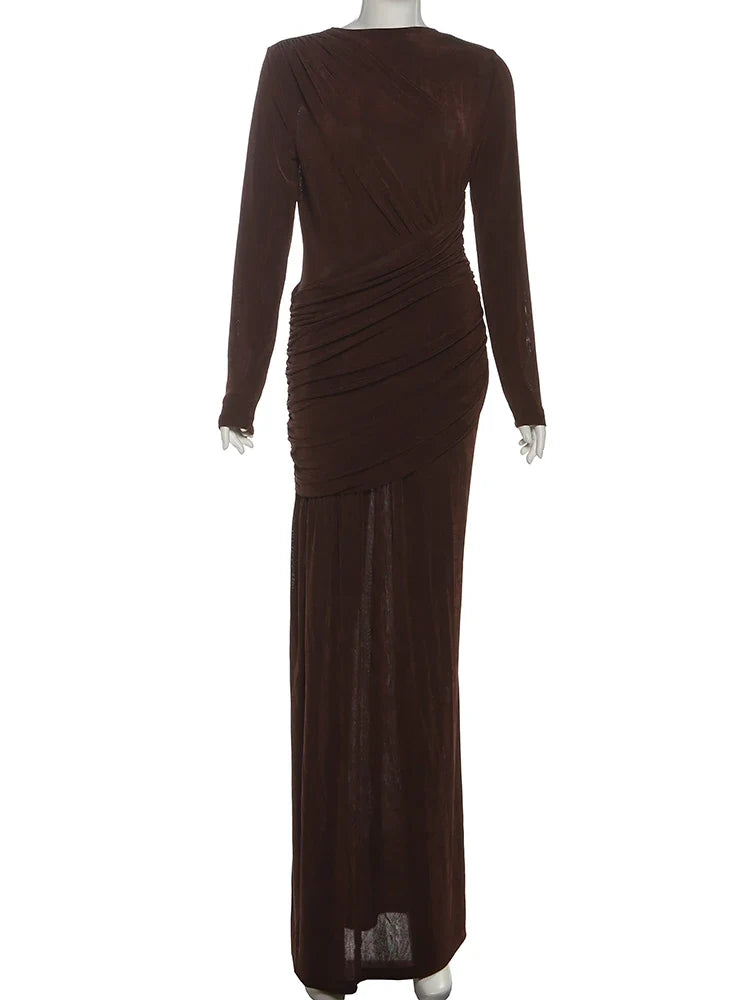 Sisterlinda Folds Maxi Dress Women O-Neck Full Sleeve Solid Banquet Elegant Vacation Fashion Autumn Skinny Casual Simple Vestido