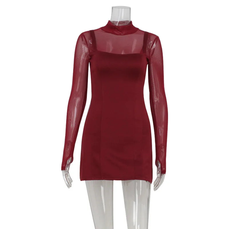 Mesh Patchwork Mini Dress For Women Party Elegant Evening Vestidos Fashion Lace Long Sleeve Turtleneck Slim Short Dresses