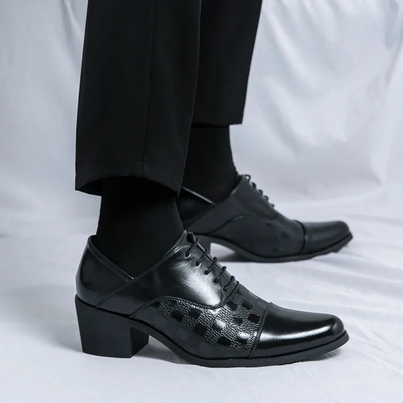 Elegant Mens Dress Shoes Retro Brown Pointed Toe Leather Shoes For Man British Style 6cm High Heeled Shoes Men zapatos de hombre