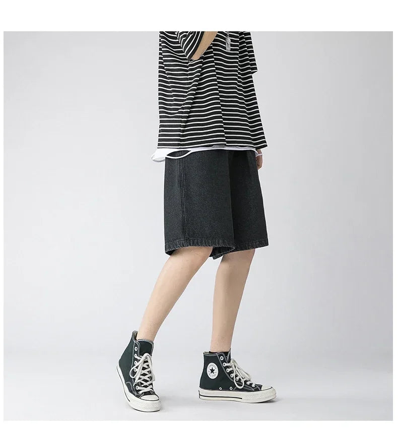 Wide Baggy Denim Shorts Men Summer Thin Solid Color Casual Loose Knee-length Pants Male Jeans Shorts Streetwear