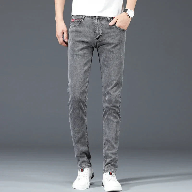 2024 New Men's Cotton Business Casual Skinny Jeans Trendy Fashionable Stretch Straight Slim Denim Trousers Male Blue Grey