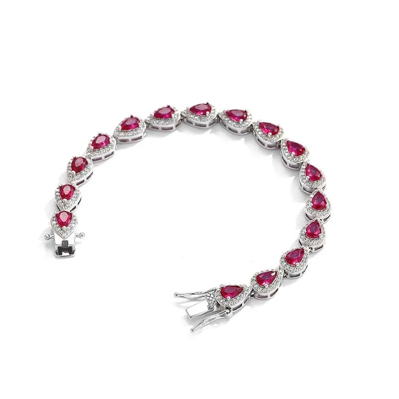 Trendy S925 Sterling Silver Full Ruby Tennis Bracelet for Women Girls Pear Cut Gemstones Link Bracelets Party Fine Jewelry