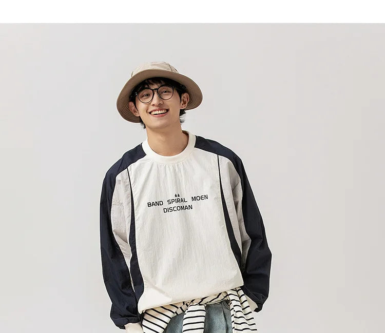 Japanese-inspired Color-blocked Crew Neck Sweatshirt with Patchwork Design: Men's Spring/Autumn Outdoor Leisure
