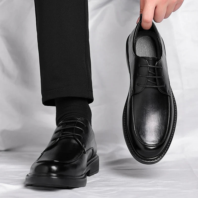 Leather Shoes Men's Four Seasons Business Formal British Casual Commuting Style Black Heightening Wedding Groom's Shoes New