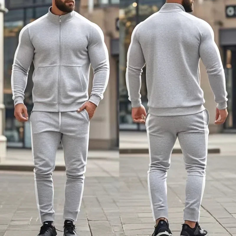 2025 Spring Autumn Men's 2-Piece Set Color Blocking Zipper Stand Collar Casual Sports Jacket Sweatshirt Trousers Suit