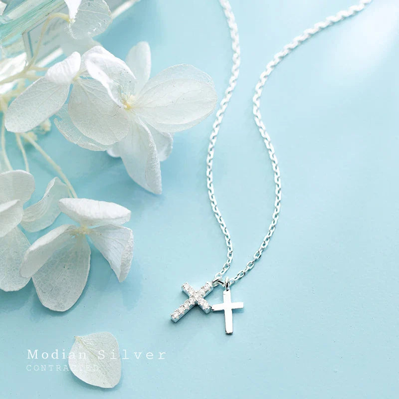 Fashion Shiny Zircon and Glossy Cross Pendant Necklace for Women Pure 925 Sterling Silver Long Chain Necklace Jewelry