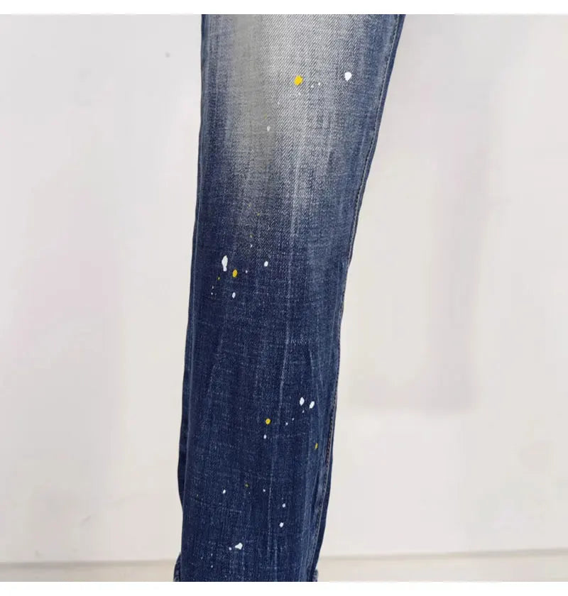 Street Fashion Men Jeans Retro Blue High Quality Elastic Skinny Fit Ripped Jeans Men Patched Designer Hip Hop Brand Pants Hombre