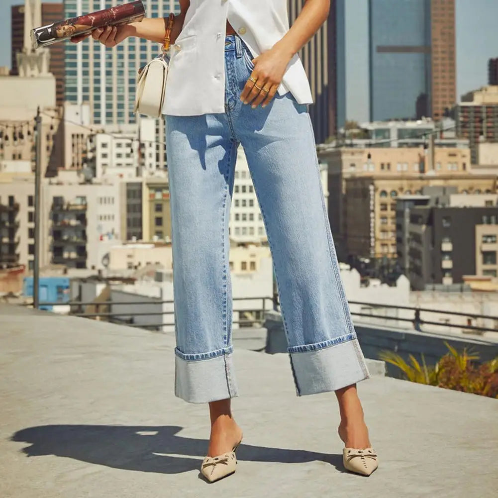 Women Baggy Jeans High Waisted Button up Denim Pants Elastic Cuffed Hem Straight Wide Leg Jeans with Pockets Streetwear