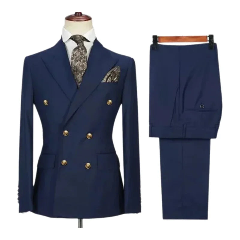 Double Breasted Men Suit Navy Blue High Quality Wedding Costume Party Prom Gold Buttons Groom Suits
