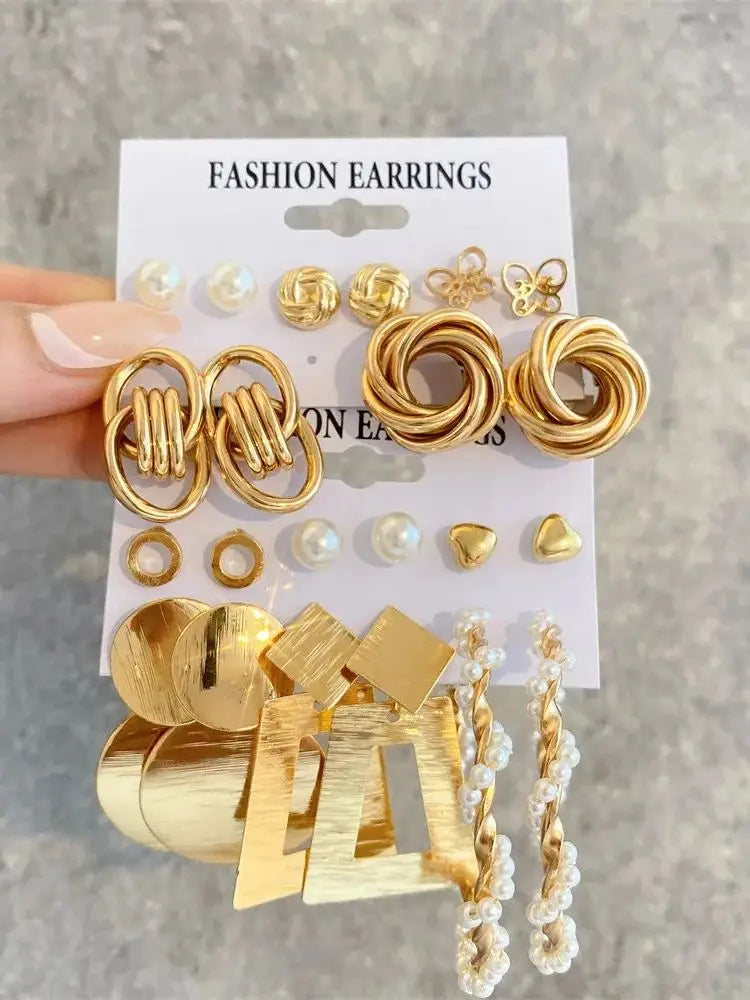 Vintage 2Sets/Pack Gold Color Metal Twist Pearl Hoop Earrings for Women Girls Geometric Knot Heart Dangle Earring Set Jewelry