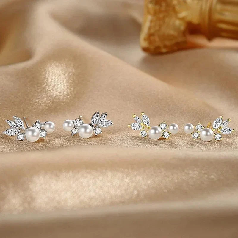 Graceful Gold Color/Silver Color Stud Earrings Lady Simulated Pearl Jewelry Chic Shiny Zirconia Accessories for Wedding