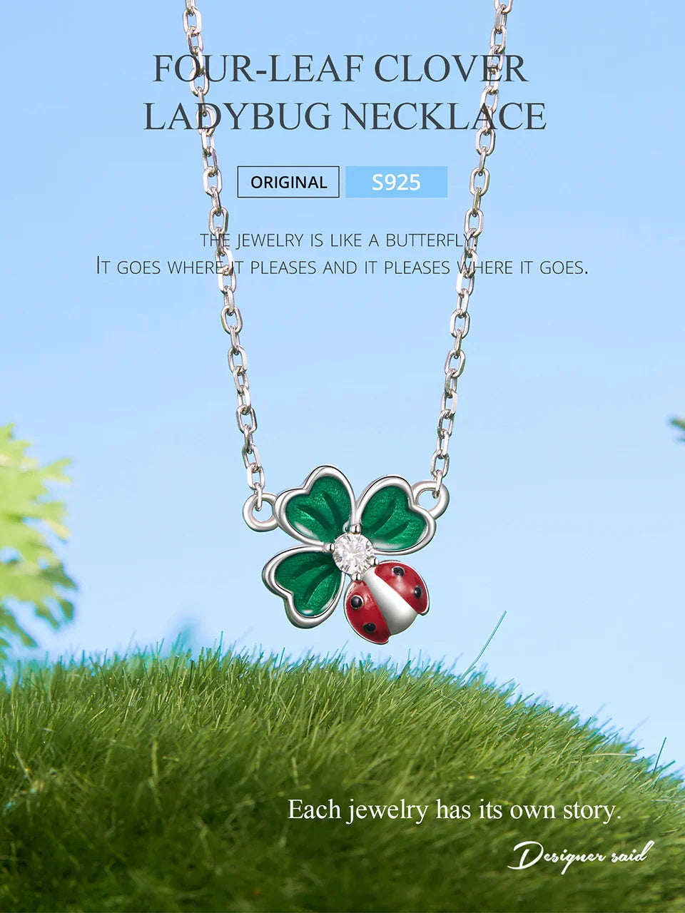 925 Sterling Silver Four-leaf Clover Ladybug Necklace for Women - Lucky Jewelry Gifts Fashion Birthday Graduation Gift