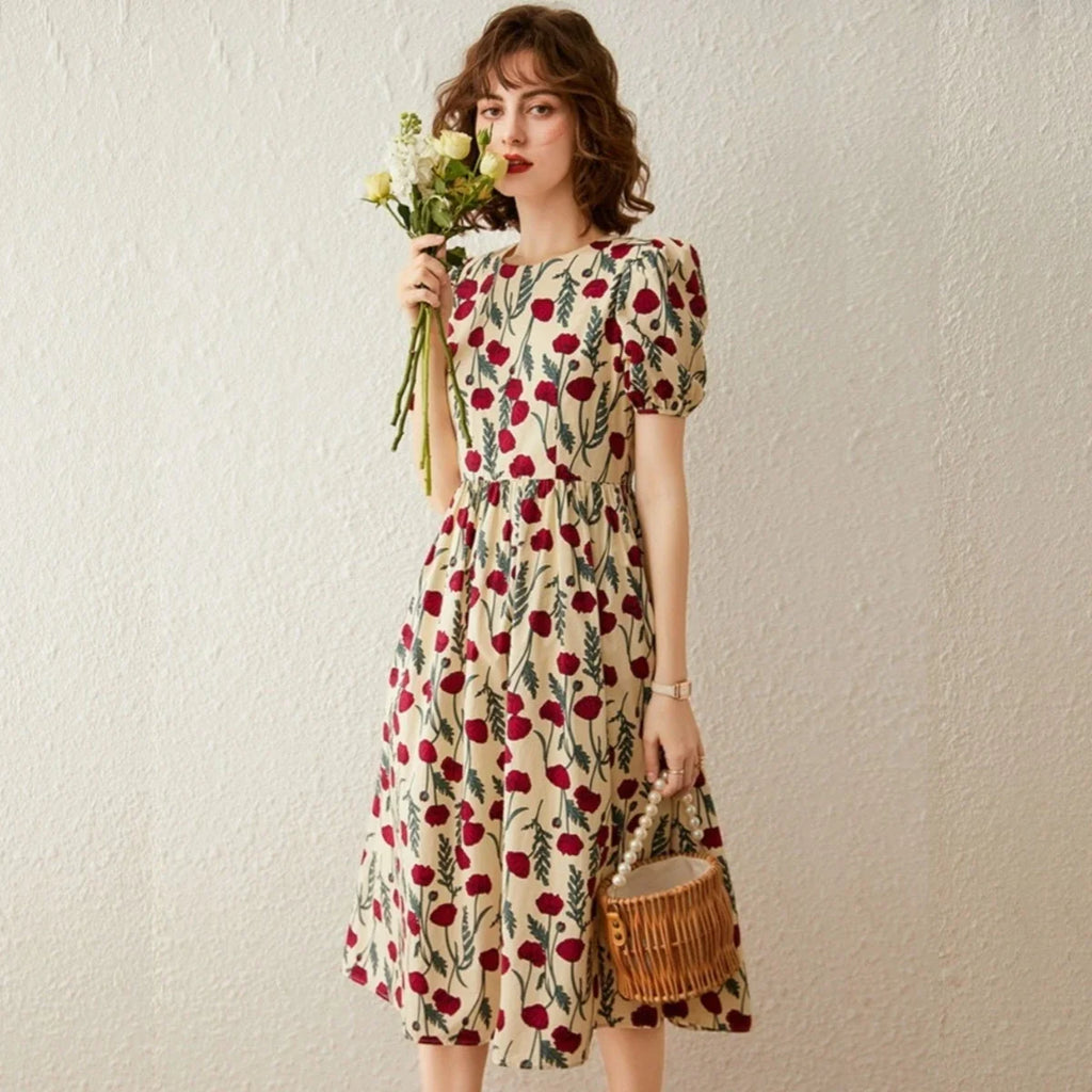 French Floral Print Dress Women 2026 Summer Round Neck Puff Sleeve Fitted Long Dress Casual Streetwear Outfits