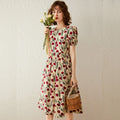 French Floral Print Dress Women 2026 Summer Round Neck Puff Sleeve Fitted Long Dress Casual Streetwear Outfits