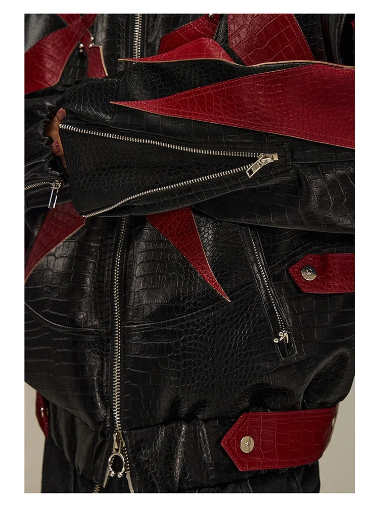 Spring Autumn Cool Handsome Crocodile Print Patchwork Pu Leather Jacket Men Color Block Luxury Designer Clothes 2024