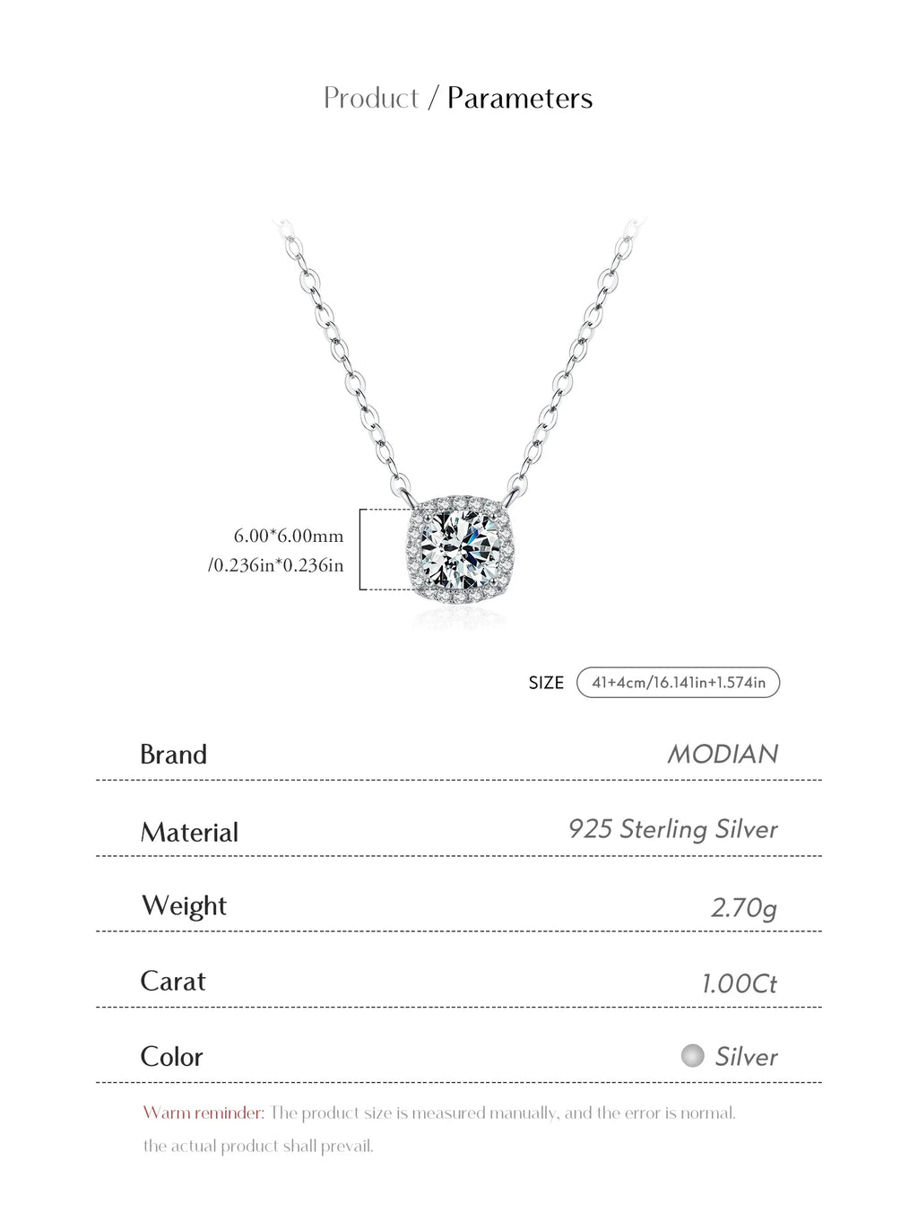 1 Carat Square Cushion Cut Halo Moissanite Pendant Necklace For Women 925 Sterling Silver Dazzling Wedding Bridal Jewelry