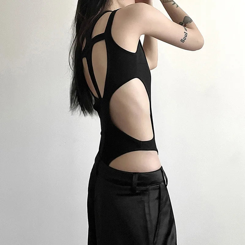 Mall Gothic Hollow Out Sexy Bodysuits Techwear Fashion Y2k Patchwork Tops Women Grunge Backless High Cut Slim Bodysuit