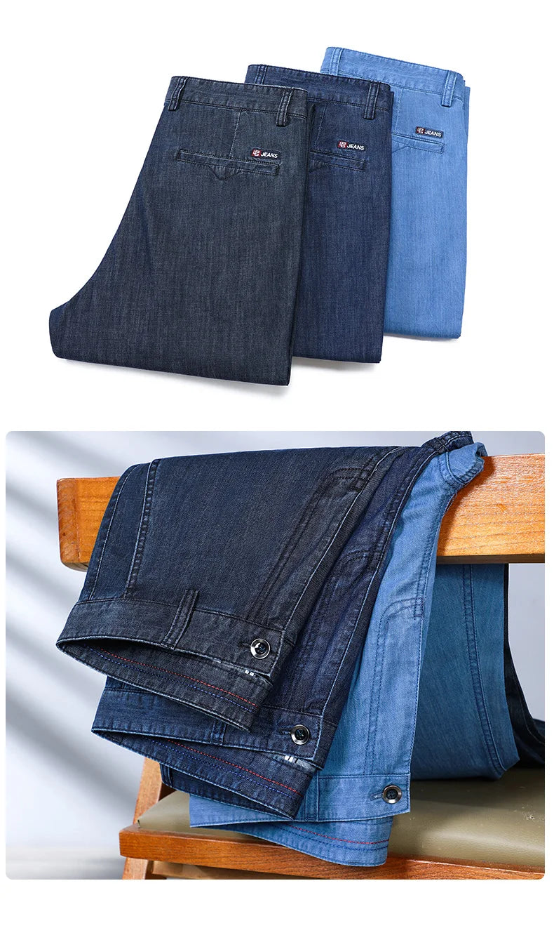 2026 Brand High Lyocell  Men's Fit Straight Lightweight Cotton Stretch Denim Business Casual High Waist Thin Light Grey Jeans