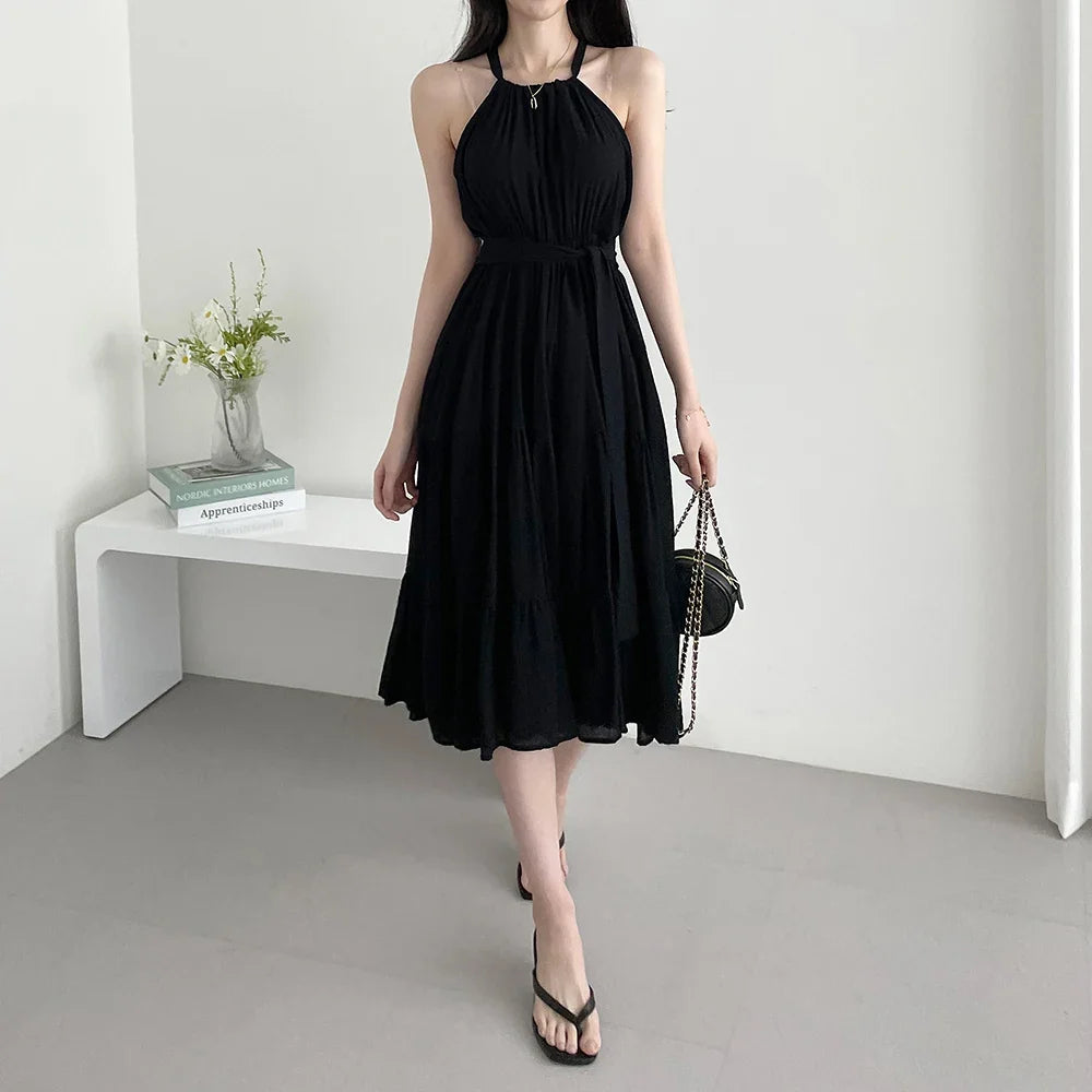 Korean Style Summer Slimming Necktie Waist Cinched Sleeveless Vest Long Dress Women's Fashionable Commute Style Inner Wear